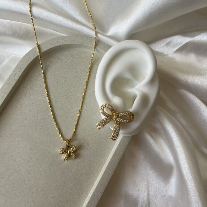 Set de Collar + Aretes Moñito Diamantado Gold - Imagen 2